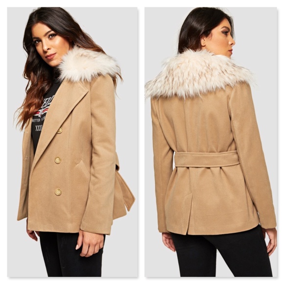 Rouge! Jackets & Blazers - Faux Fur Belted Double Breasted Jacket In Camel